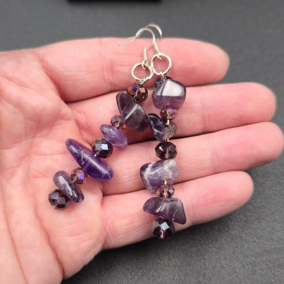 Silver Plated Over Copper Amethyst And Crystal Dangle Earrings B800 - Picture 3 of 6